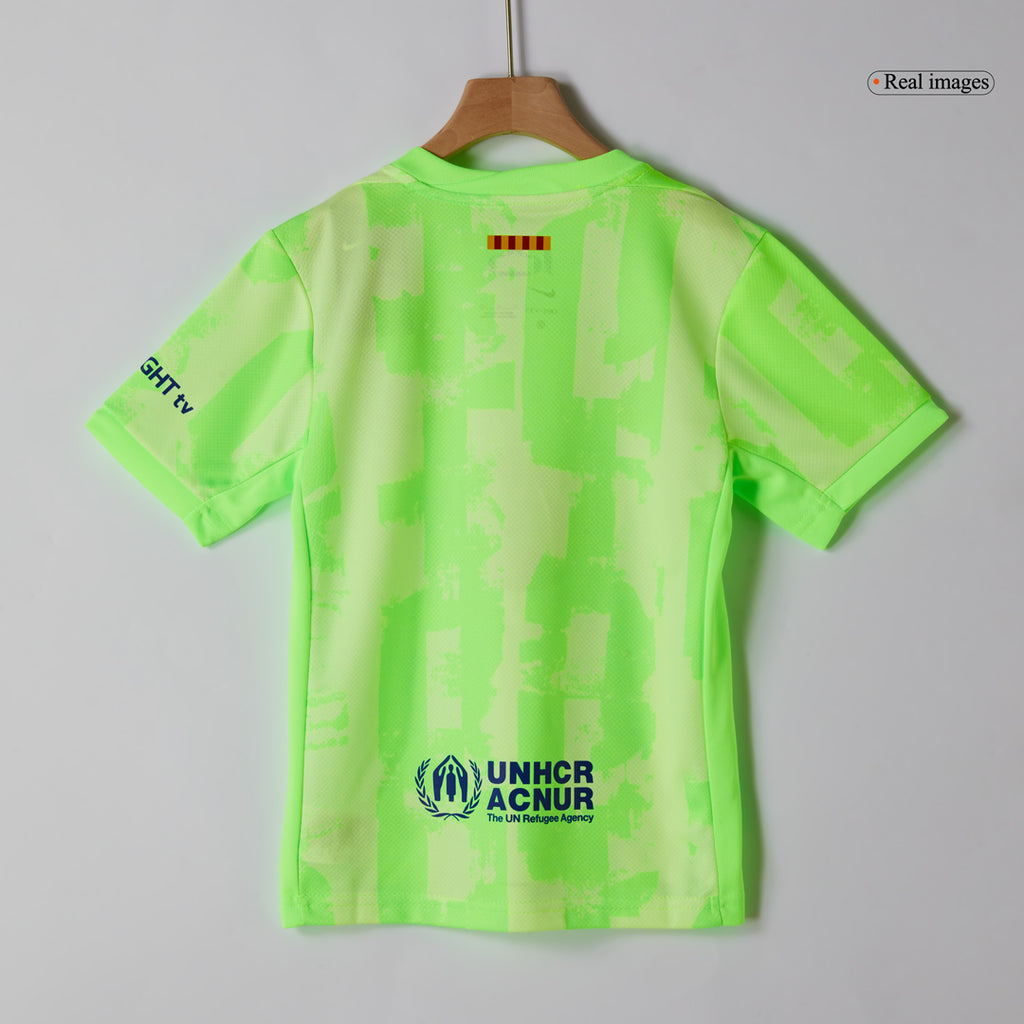 Camiseta de fútbol visitante del Barcelona 2024/25 para niños (camiseta y pantalón corto) - UCL (logotipo de Spotify sin texto)