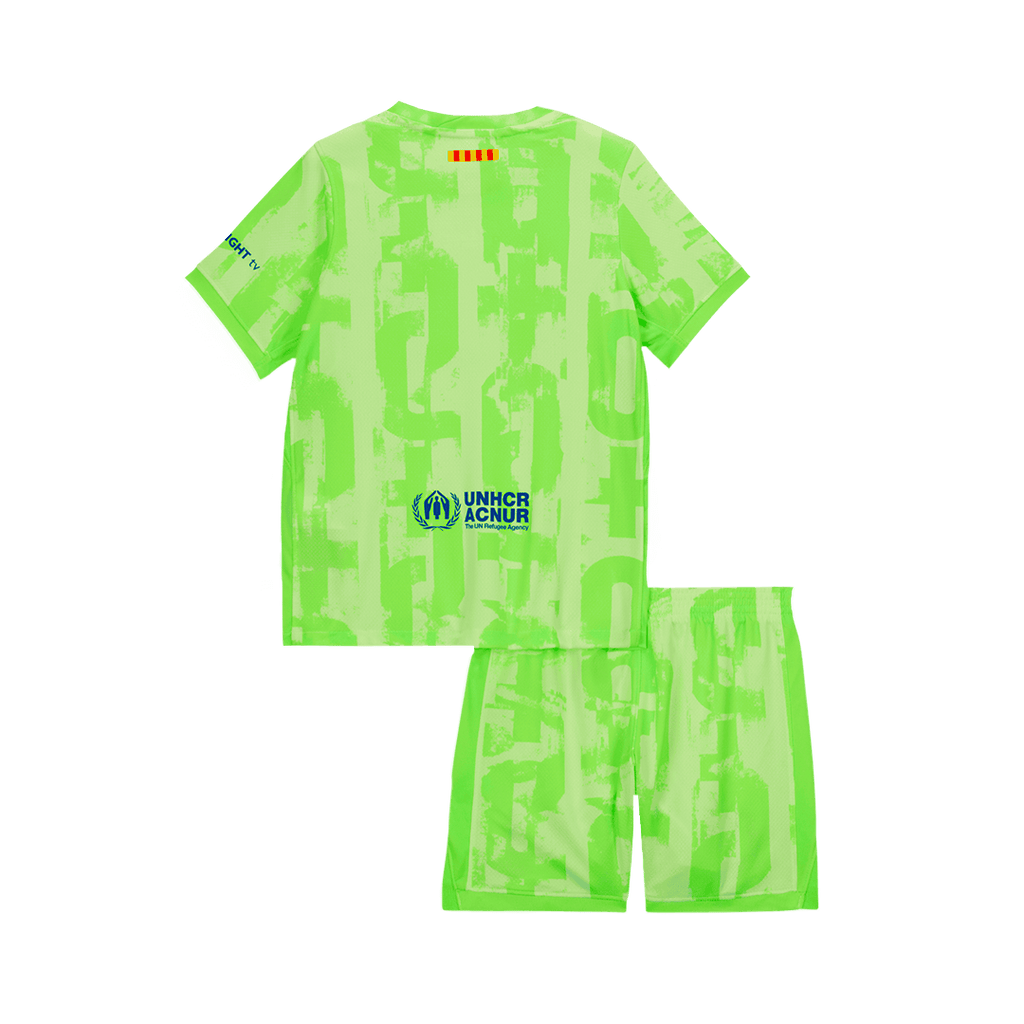 Camiseta de fútbol visitante del Barcelona 2024/25 para niños (camiseta y pantalón corto) - UCL (logotipo de Spotify sin texto)