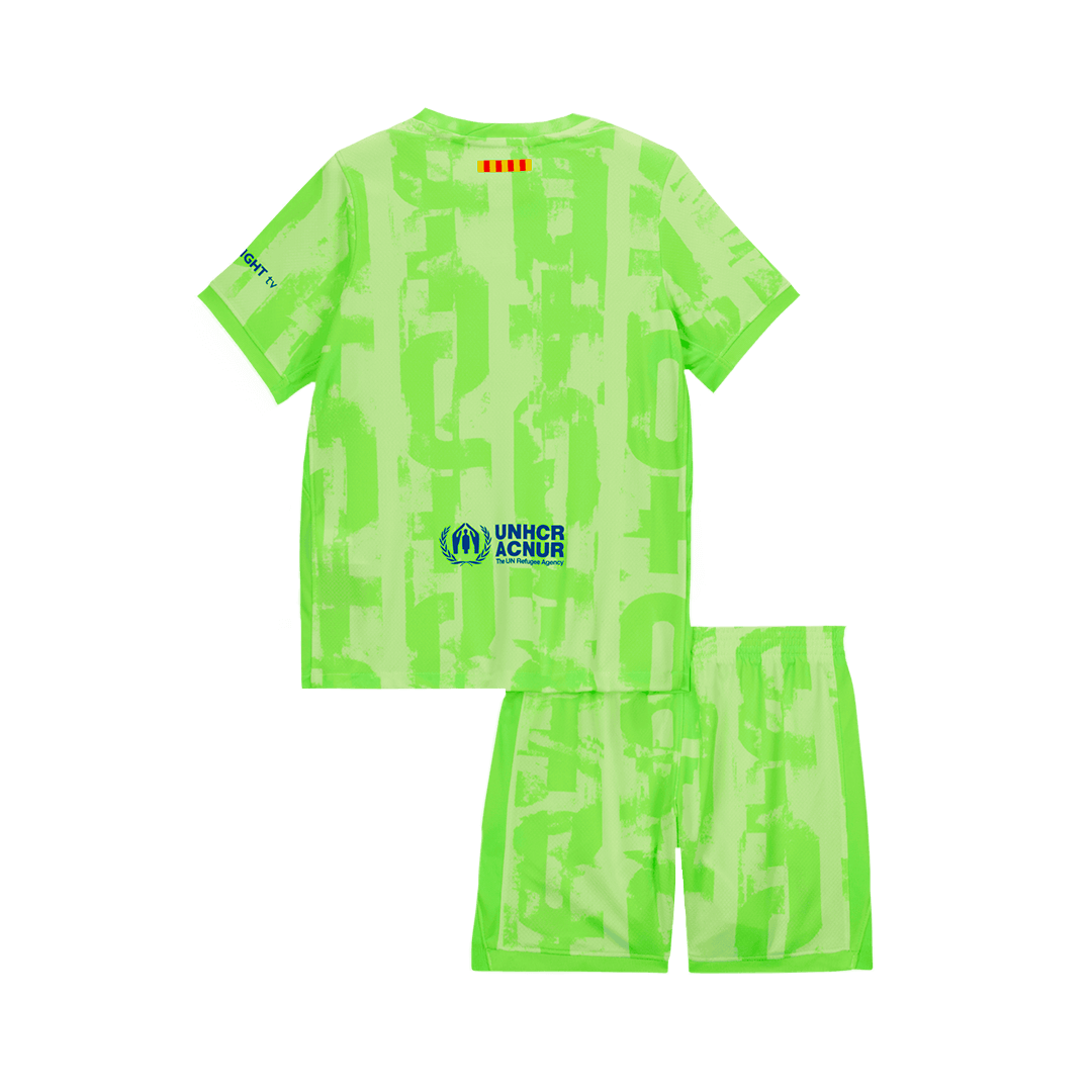 Camiseta de fútbol visitante del Barcelona 2024/25 para niños (camiseta y pantalón corto) - UCL (logotipo de Spotify sin texto)