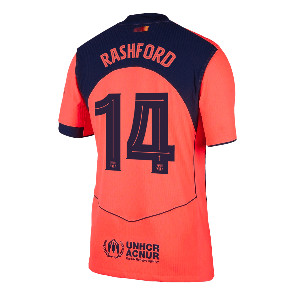 Camiseta de fútbol de visitante auténtica del Barcelona 25/26, RASHFORD #14, color naranja - UCL