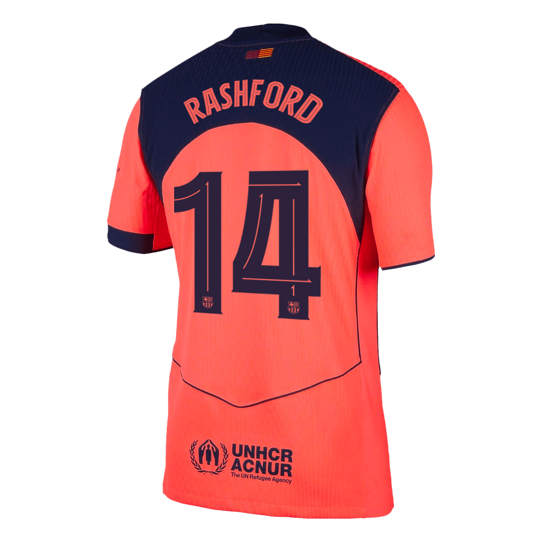 Camiseta de fútbol de visitante auténtica del Barcelona 25/26, RASHFORD #14, color naranja - UCL