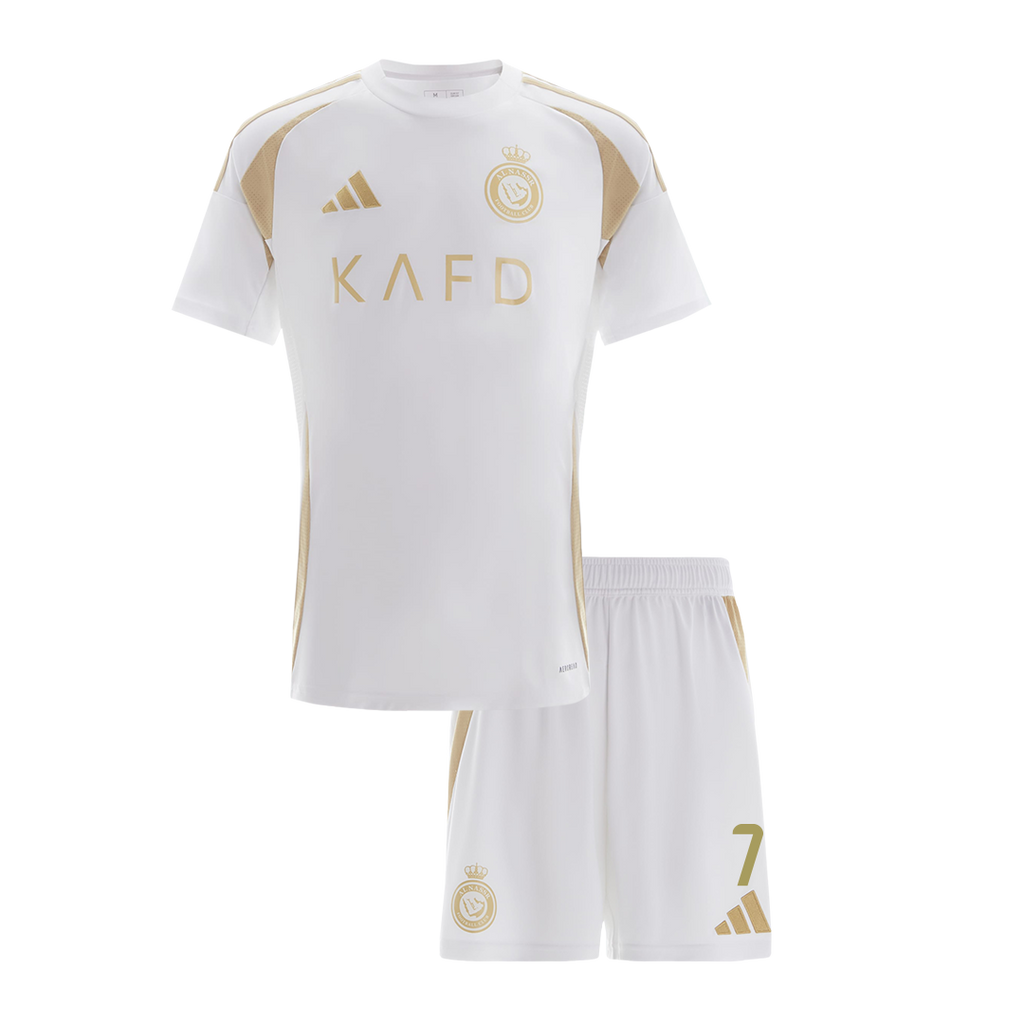 Camiseta de fútbol visitante número 7 de Al Nassr Ronaldo 2024/25 para niños (camiseta y pantalón corto) - ACL