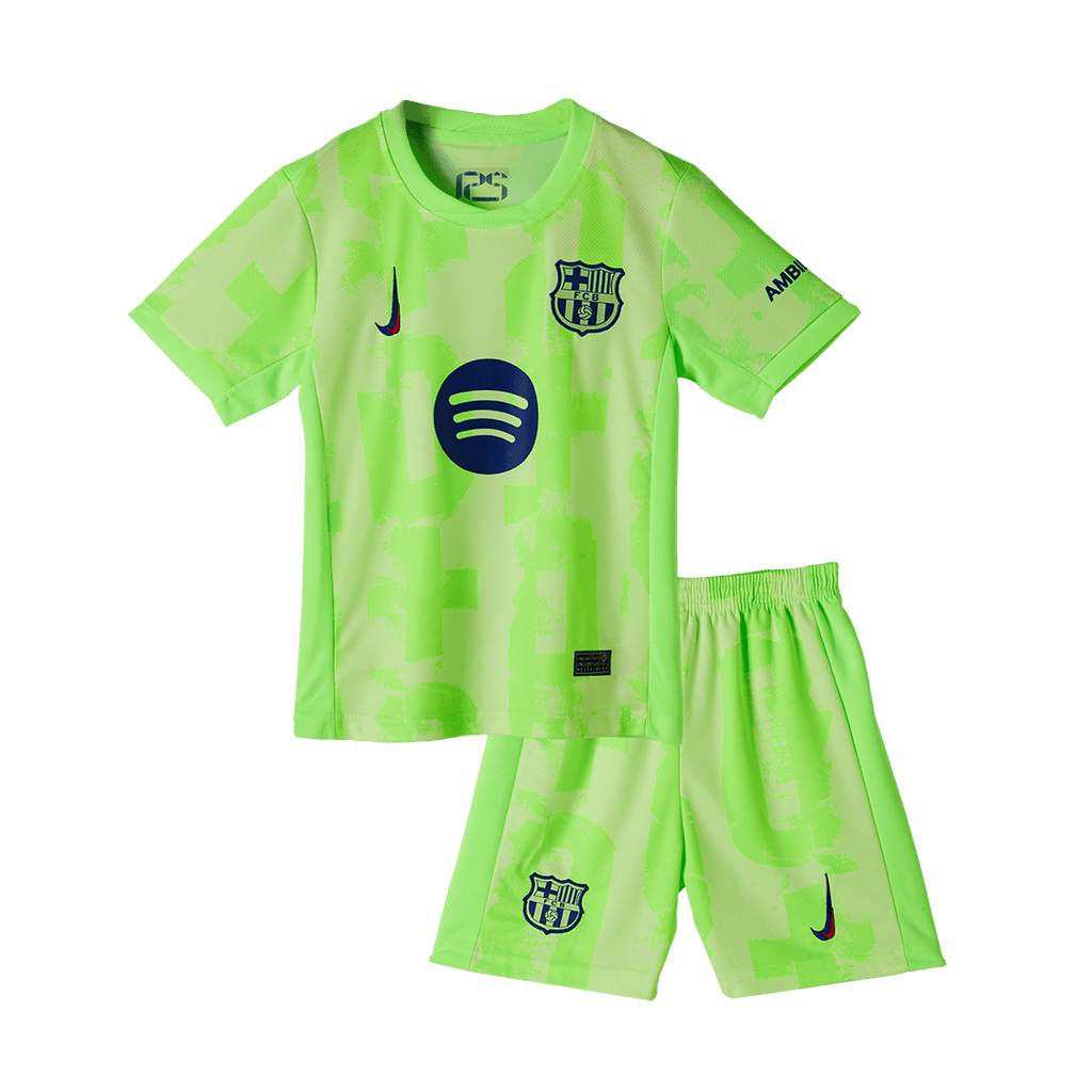 Camiseta de fútbol visitante del Barcelona 2024/25 para niños (camiseta y pantalón corto) - UCL (logotipo de Spotify sin texto)