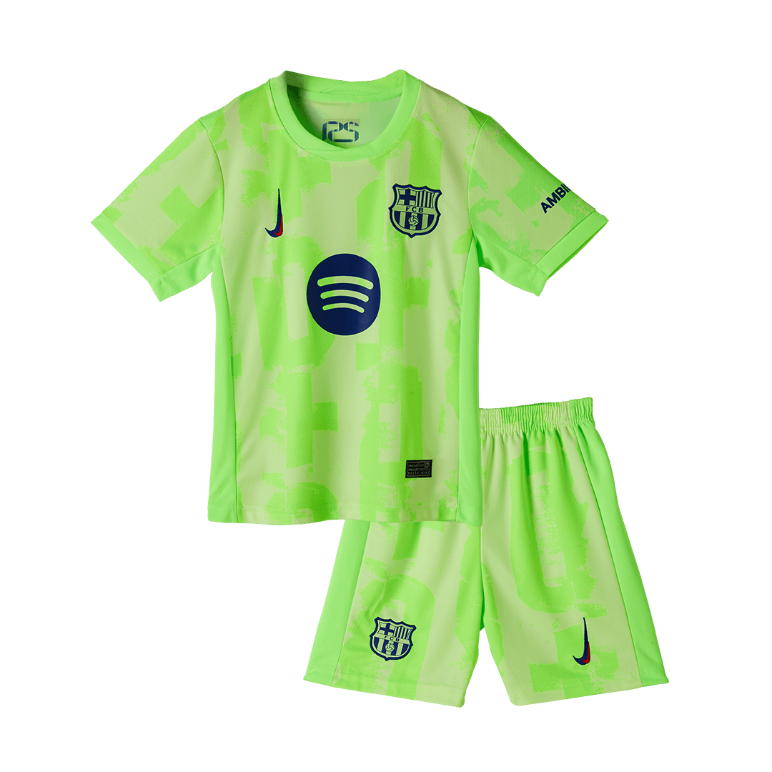 Camiseta de fútbol visitante del Barcelona 2024/25 para niños (camiseta y pantalón corto) - UCL (logotipo de Spotify sin texto)