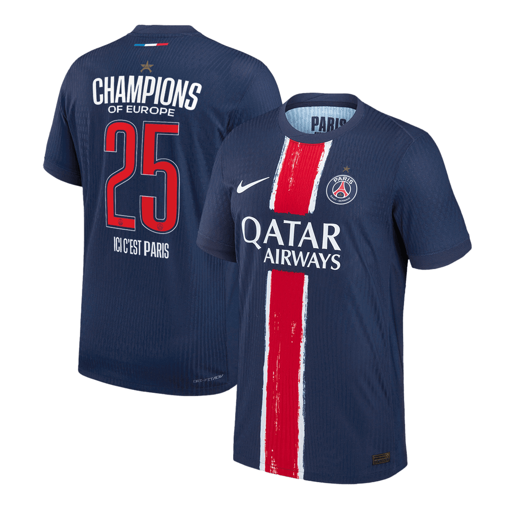 PSG CHAMPIONS #25 Home Soccer Jersey Authentic 2024/25 Navy - CHAMPIONS OF EUROPE - Football Shirt | SmartJerseys | Official Quality