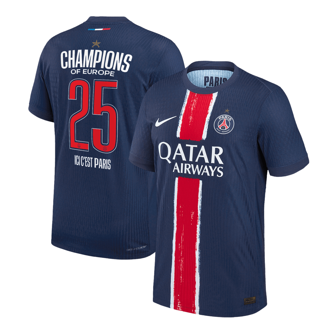 PSG CHAMPIONS #25 Home Soccer Jersey Authentic 2024/25 Navy - CHAMPIONS OF EUROPE - Football Shirt | SmartJerseys | Official Quality