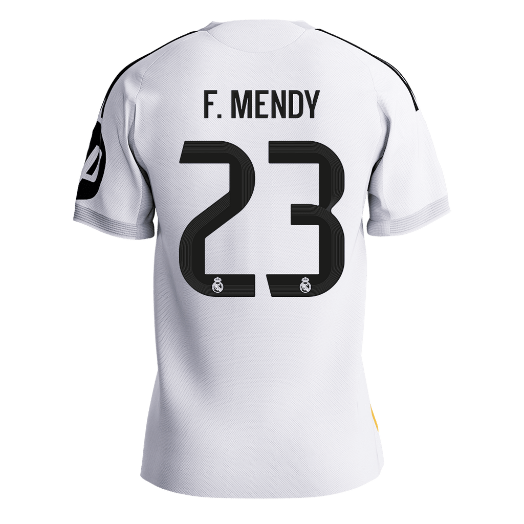 Maillot domicile authentique du Real Madrid 2025/26 blanc, n° 23, porté par F. Mendy.