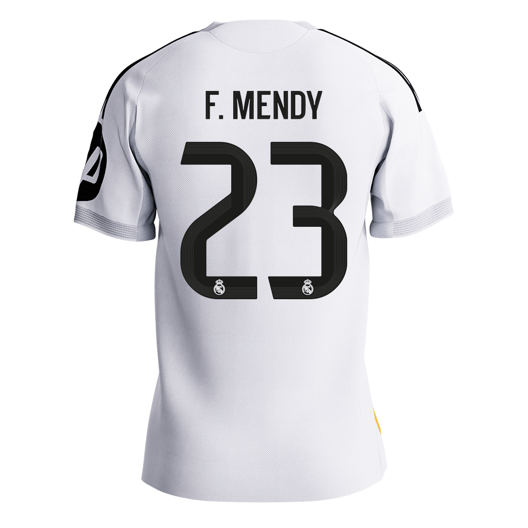 Maillot domicile authentique du Real Madrid 2025/26 blanc, n° 23, porté par F. Mendy.