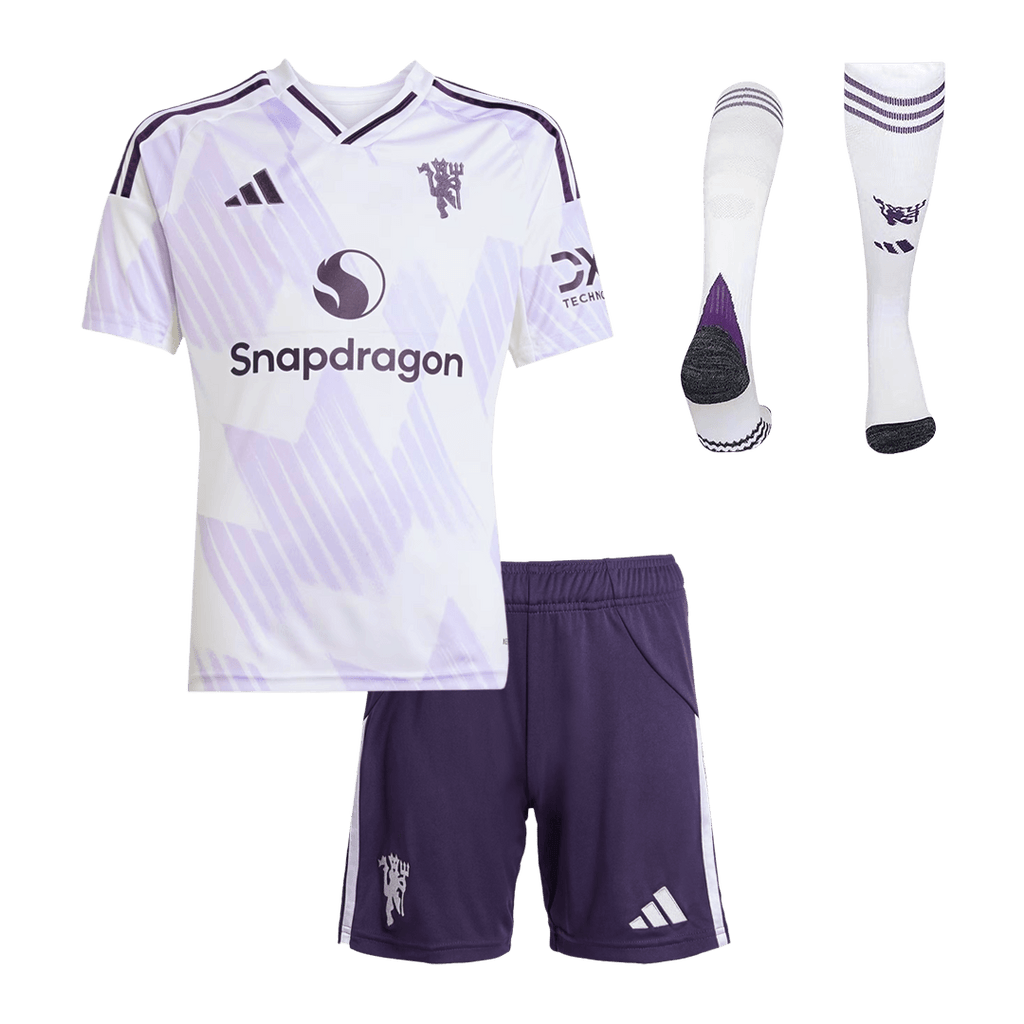 Kid's Manchester United Away Soccer Jersey Kit(Jersey+Shorts+Socks) 2025/26 White - Football Shirt | SmartJerseys | Official Quality