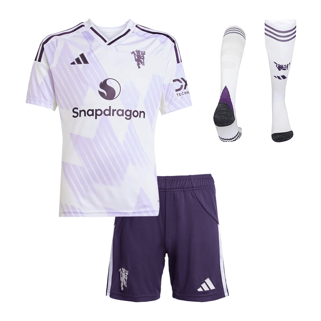 Kid's Manchester United Away Soccer Jersey Kit(Jersey+Shorts+Socks) 2025/26 White - Football Shirt | SmartJerseys | Official Quality