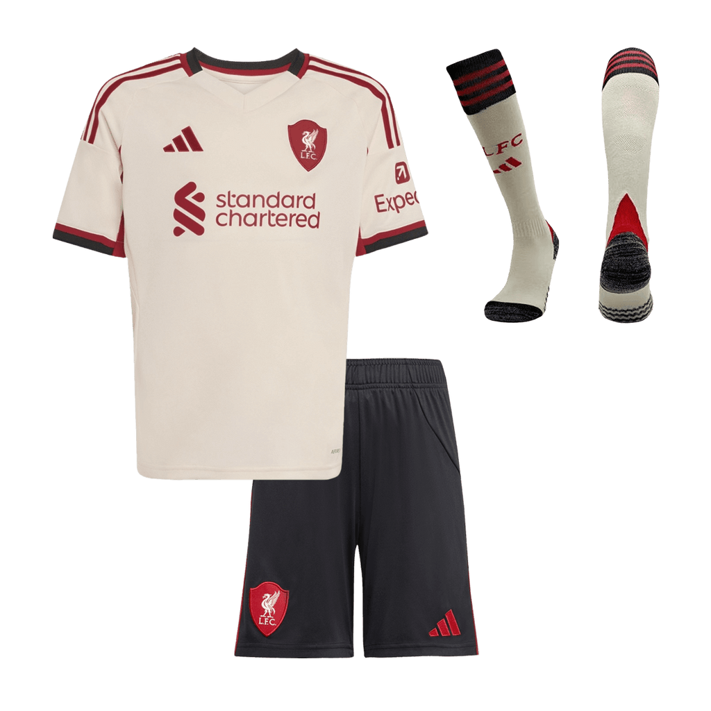 Kid's Liverpool Away Soccer Jersey Kit(Jersey+Shorts+Socks) 25/26 White - Football Shirt | SmartJerseys | Official Quality
