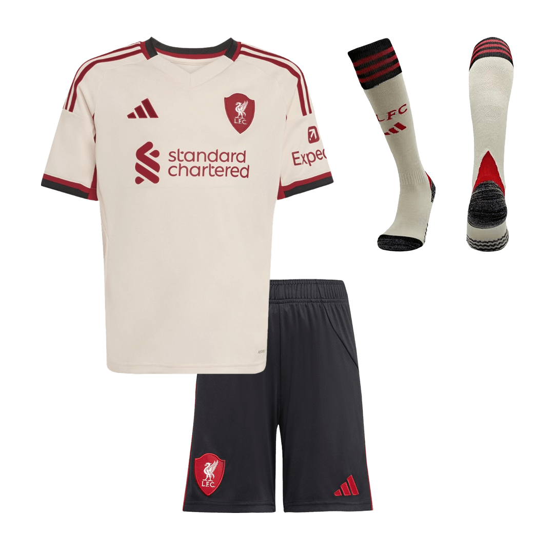 Kid's Liverpool Away Soccer Jersey Kit(Jersey+Shorts+Socks) 25/26 White - Football Shirt | SmartJerseys | Official Quality