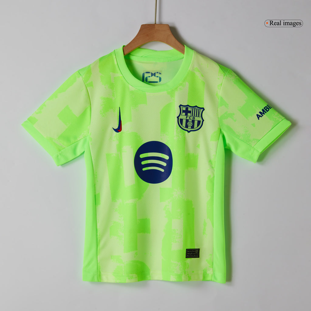 Camiseta de fútbol visitante del Barcelona 2024/25 para niños (camiseta y pantalón corto) - UCL (logotipo de Spotify sin texto)