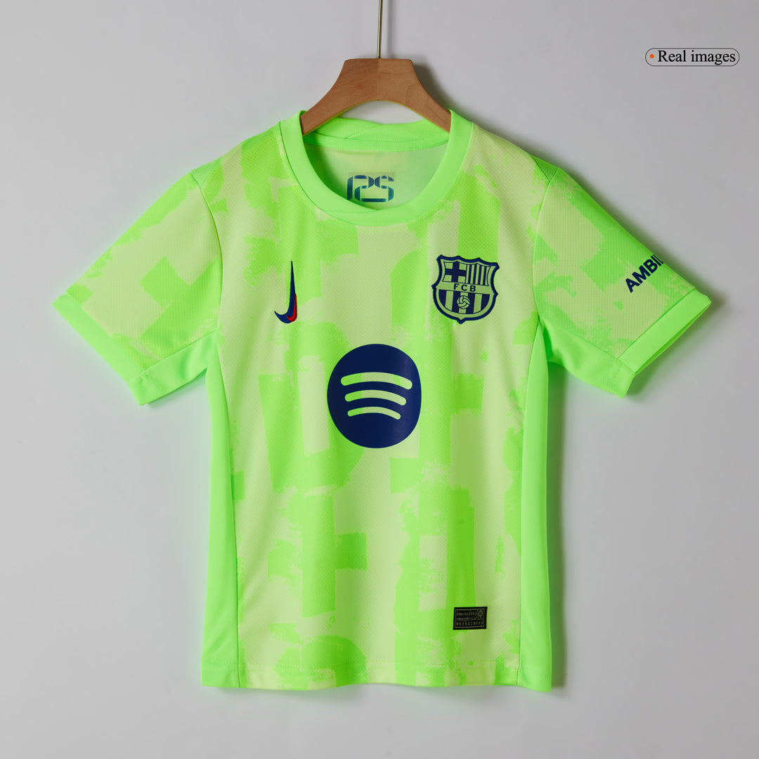 Camiseta de fútbol visitante del Barcelona 2024/25 para niños (camiseta y pantalón corto) - UCL (logotipo de Spotify sin texto)