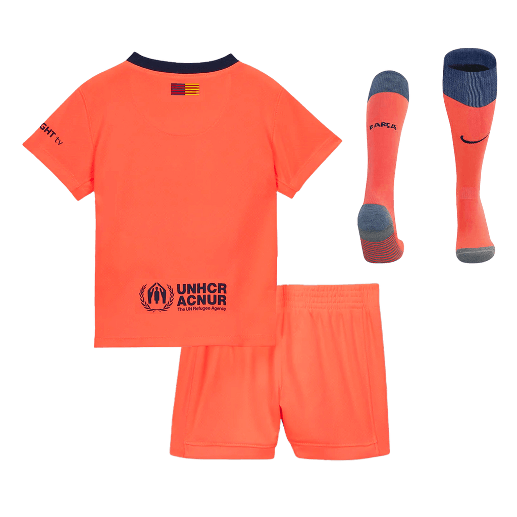 Camiseta de fútbol visitante del Barcelona para niños (camiseta, pantalón corto y calcetines), talla 25/26, color naranja