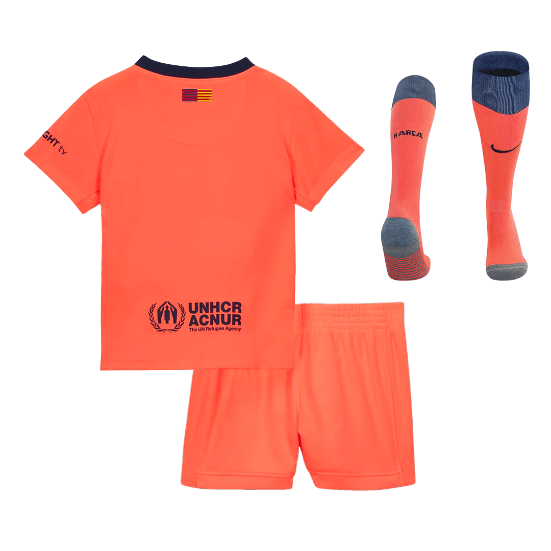 Camiseta de fútbol visitante del Barcelona para niños (camiseta, pantalón corto y calcetines), talla 25/26, color naranja