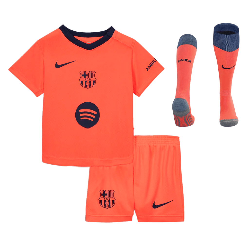Kid's Barcelona Third Away Soccer Jersey Kit(Jersey+Shorts+Socks) 25/26 Orange - Football Shirt | SmartJerseys | Official Quality