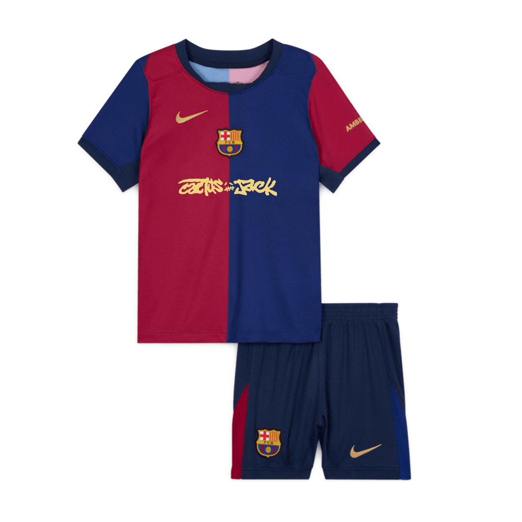 Kid's Barcelona X Travis Scott Home Soccer Jersey Kit(Jersey+Shorts) 2024/25 Red&Blue - Football Shirt | SmartJerseys | Official Quality