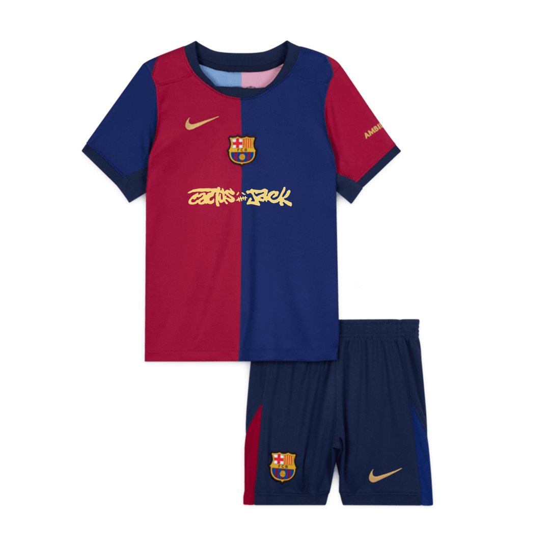 Kid's Barcelona X Travis Scott Home Soccer Jersey Kit(Jersey+Shorts) 2024/25 Red&Blue - Football Shirt | SmartJerseys | Official Quality